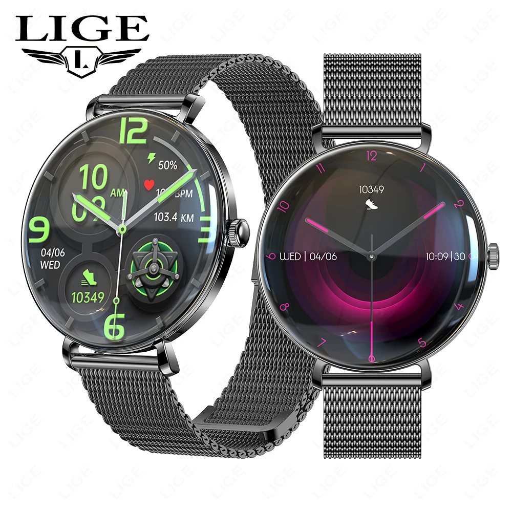 

LIGE 1,43-дюймовый AMOLED Ultra HD-экран, модные женские умные часы, Bluetooth-вызов, умные часы, металлические ультратонкие часы-браслет, женские часы