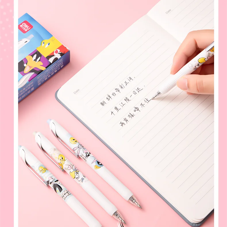 3Pcs Deli S88-D Looney Tunes Bugs Bunny Press penne Gel retrattili 0.5mm penne nere a punta Fine per Journaling Kawaii