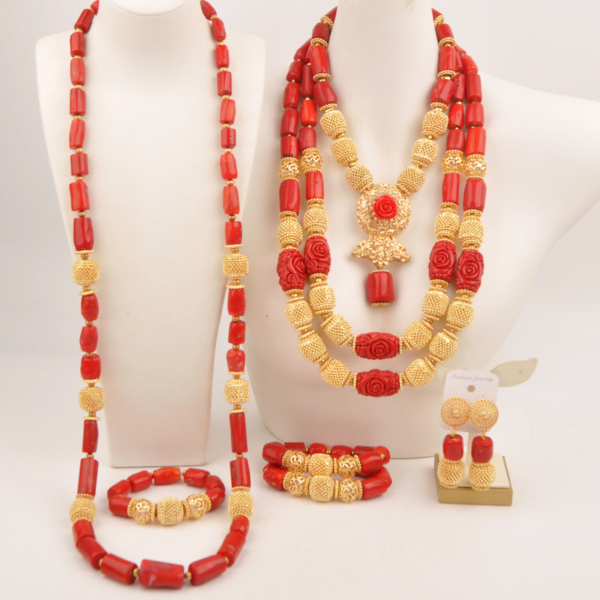 Real red coral Nigerian Traditional Wedding Beads Necklace Set For African Bridal and Groom