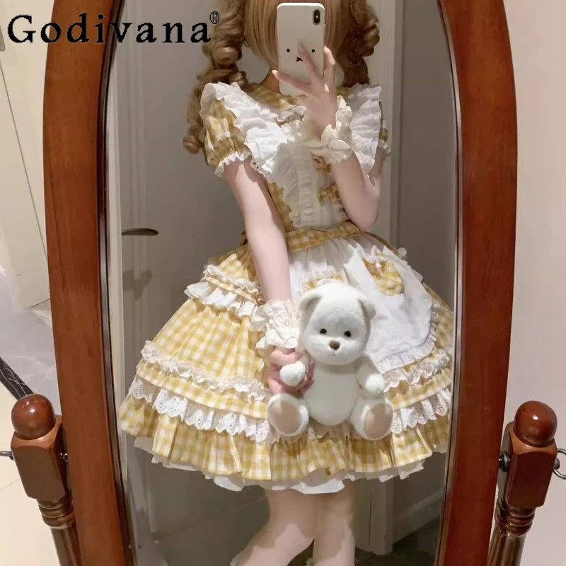 Vestido Original japonés suave para niñas, vestido a cuadros azul Kawaii OP, vestido ajustado de cintura alta para mujer, vestido de cumpleaños de Lolita diario, vestido Loli Lo Cos