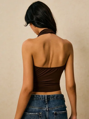 Imagen 2 del producto Chaleco sin espalda con decoración de metal a la moda de color sólido sexy de verano para mujer, top corto de verano