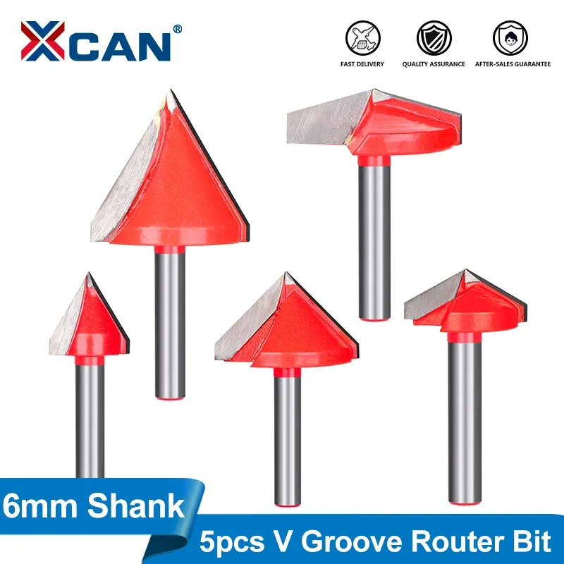 

5PCS XCAN V-Groove Router Bits Set, 6mm Shank, 60° 90° 120° 150° Angles, 3D V Shape Wood Cutter, CNC Engraving Bit