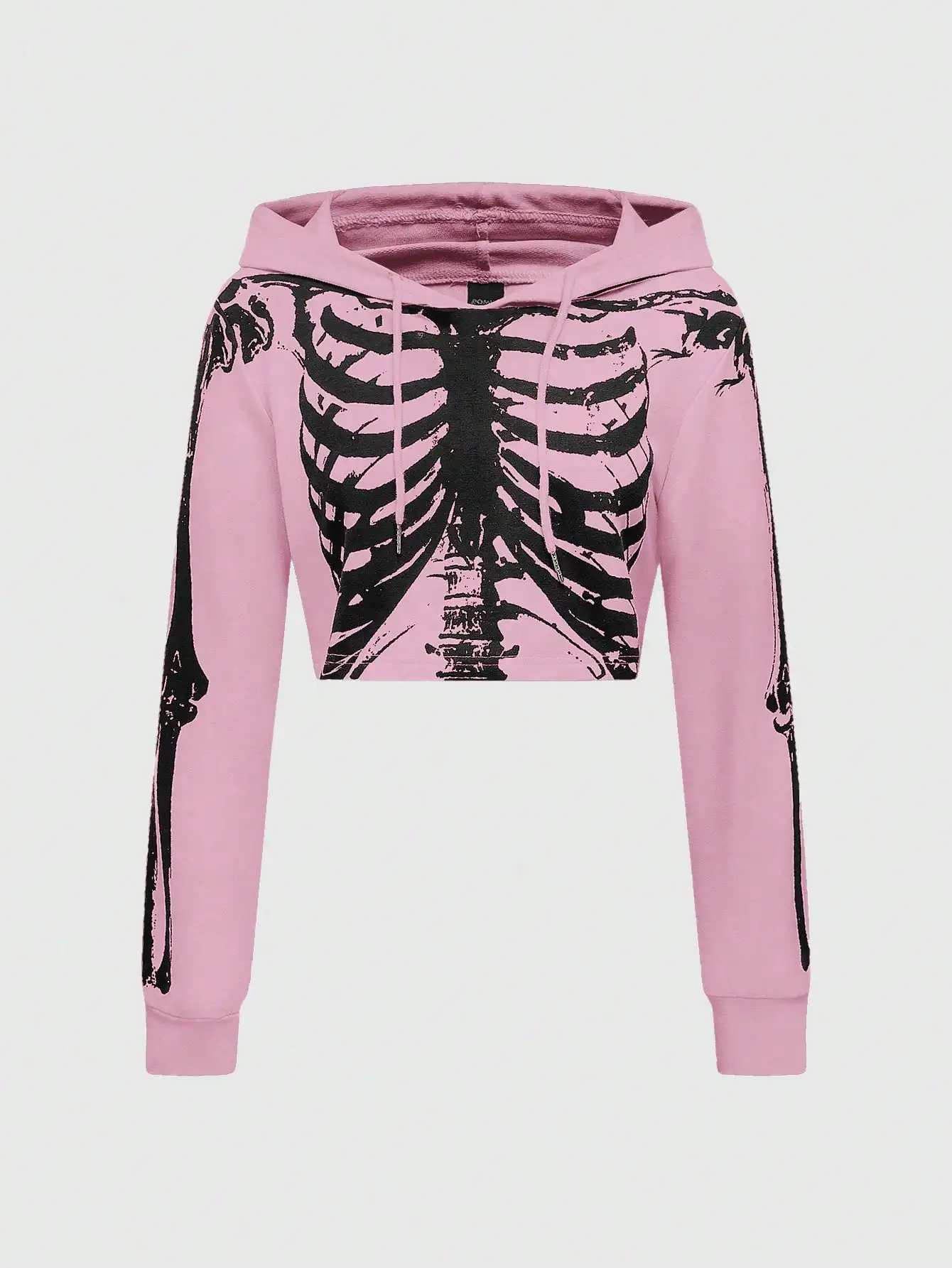

Pink Cropped Hoodie with Gothic Skeleton Print, Long Sleeve Punk Sweatshirt for Women