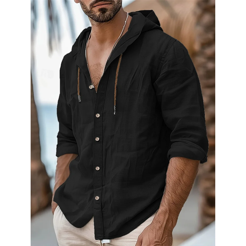 Summer Spring Men's Hooded Shirt Beach Style Breathable Lightweight Solid Color Stylish Fashion Shirts Male Casual Tops