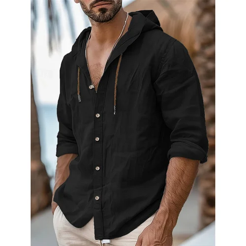 Imagen 2 del producto Camisa con capucha para hombre, estilo playero, transpirable, ligera, Color sólido, camisas de moda elegantes, Tops informales para hombre, verano y primavera