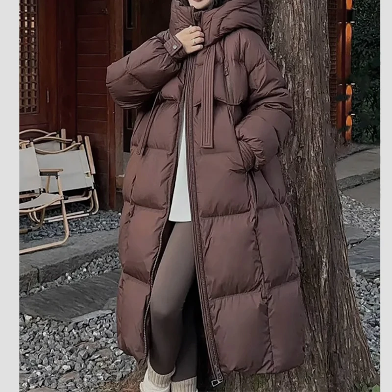 ITOOLIN Women Casual Thicken Warm Hooded Down Coat Long Sleeve Zipper Pocket Long Coat Lady Office Parkas Fall Winter Down Coat