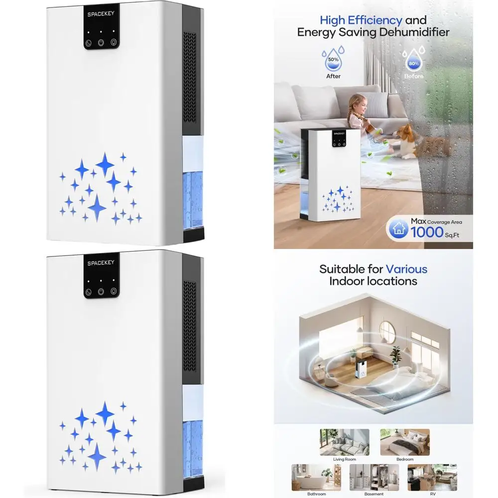 

Бытовой осушитель воздуха на 95 унций для помещений площадью 1000 кв. футов, автоматическое отключение, 7 цветов LED-подсветки, бесшумная работа с режимом сна