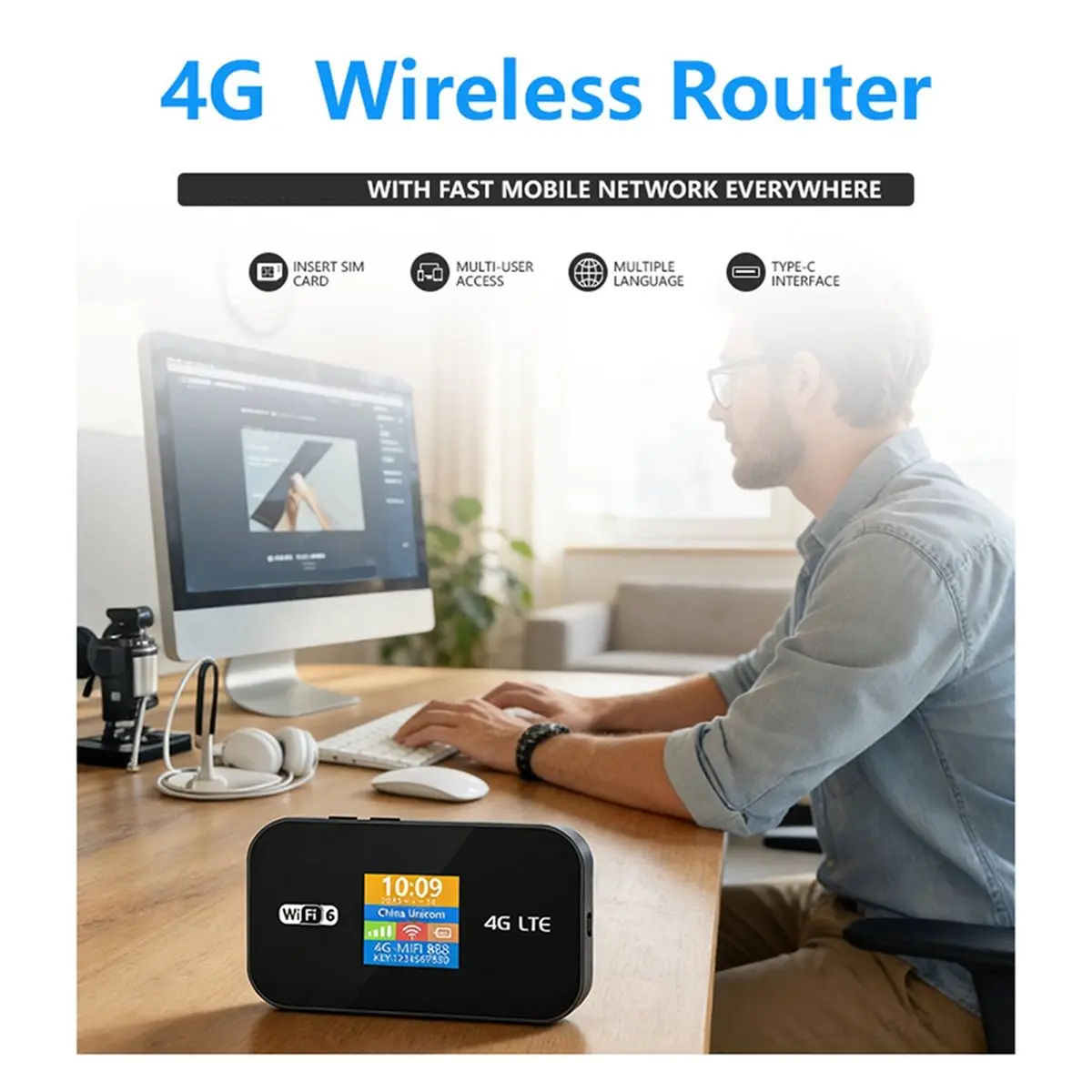 Travel WiFi Hotspot with SIM Slot 4G WIFI6 Mobile 300Mbps LED Display Stable Connection Supports 10 Devices Outdoor RV