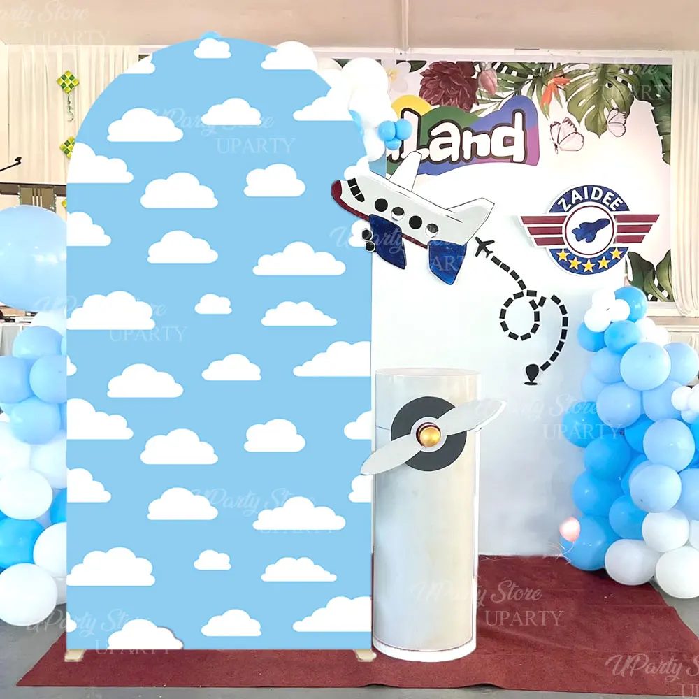 Weißer Wolkenbogen-Hintergrund, blauer Himmel, Wolke, bedruckt, Chiara-Oberteil, runder Standbogen-Abdeckung für Babyparty, Pilot, Geburtstagsdekoration – Detail 5