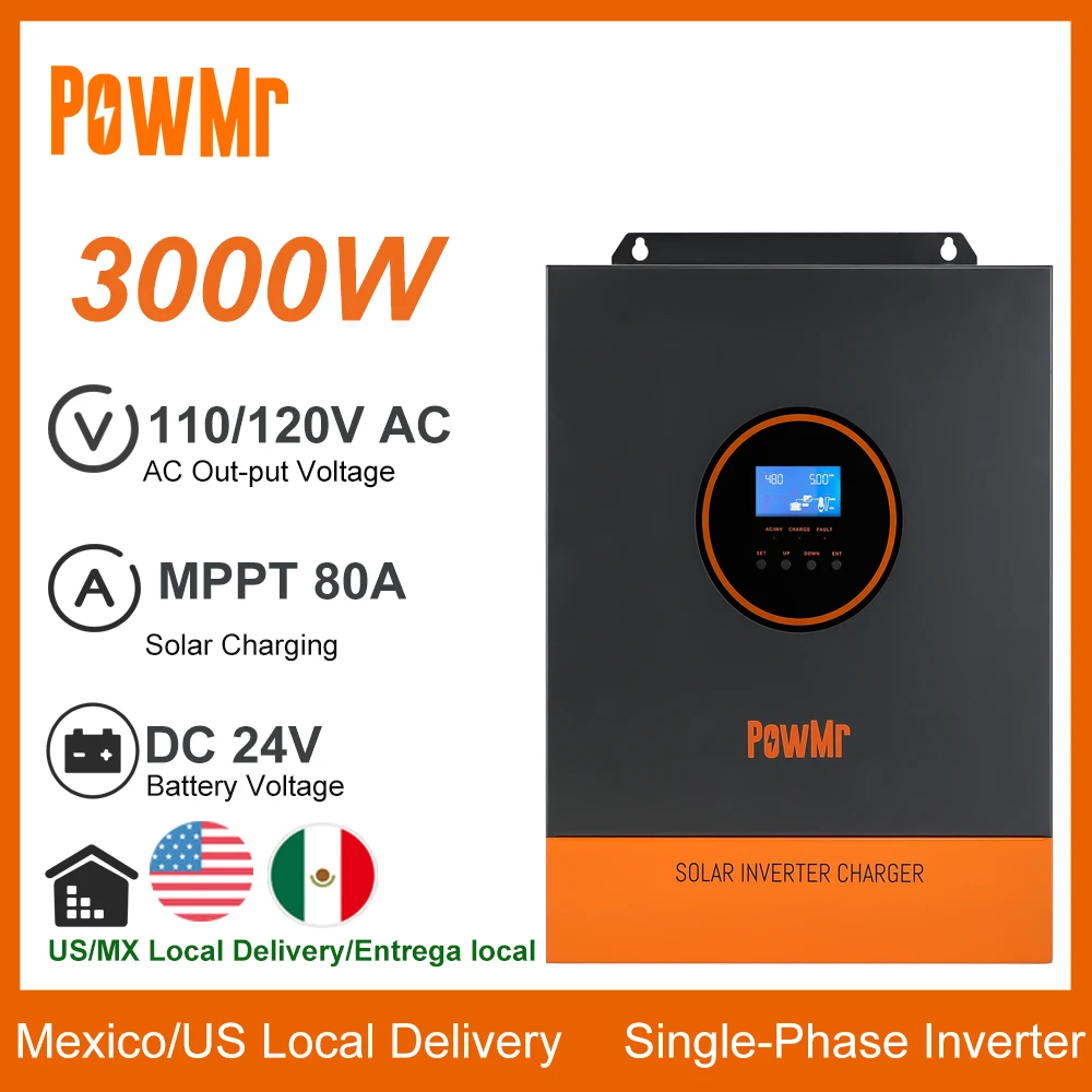 

3000W 110V/120V AC Output Pure Sine Wave Solar Power Hybrid Inverter DC 24V with 80A MPPT Solar Charge Max PV 500Vdc Off-Grid