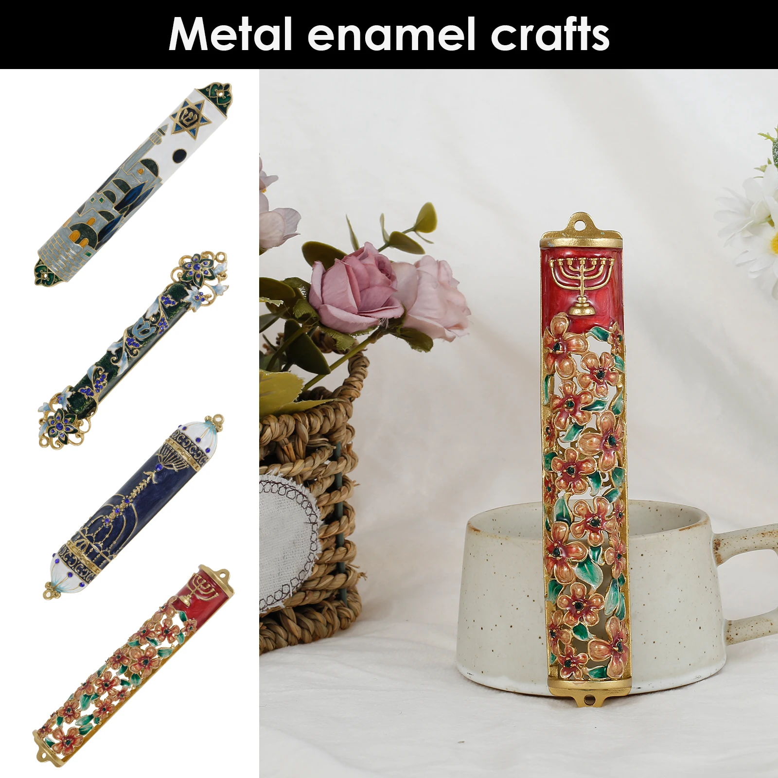 Jewish Mezuzah Case Cover Hand Painted Mezuzah Zinc Alloy Delicate Enamel Flowers Embellished Door Wall Hanukkah Decor Gifts