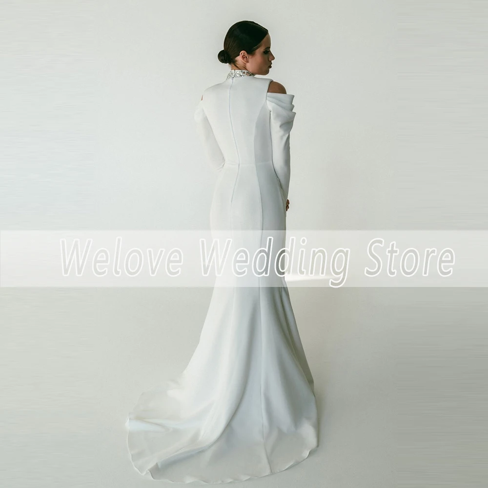 Modern Mermaid Wedding Dress High Neck With Rhinestones Long Sleeve Civil Simple Bridal Gown For Woman Formal Party Robe Mariee