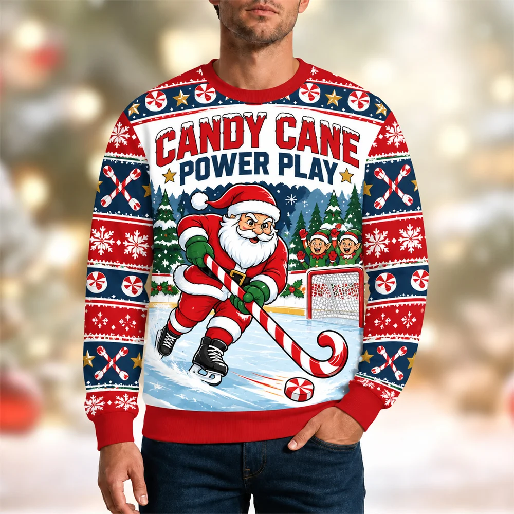 Santa Claus Playing Ice Hockey Print Ugly Sweatshirt Mens Funny Text Humour Crewneck Pullover Sweatshirt Gifts Ice Hockey Fans