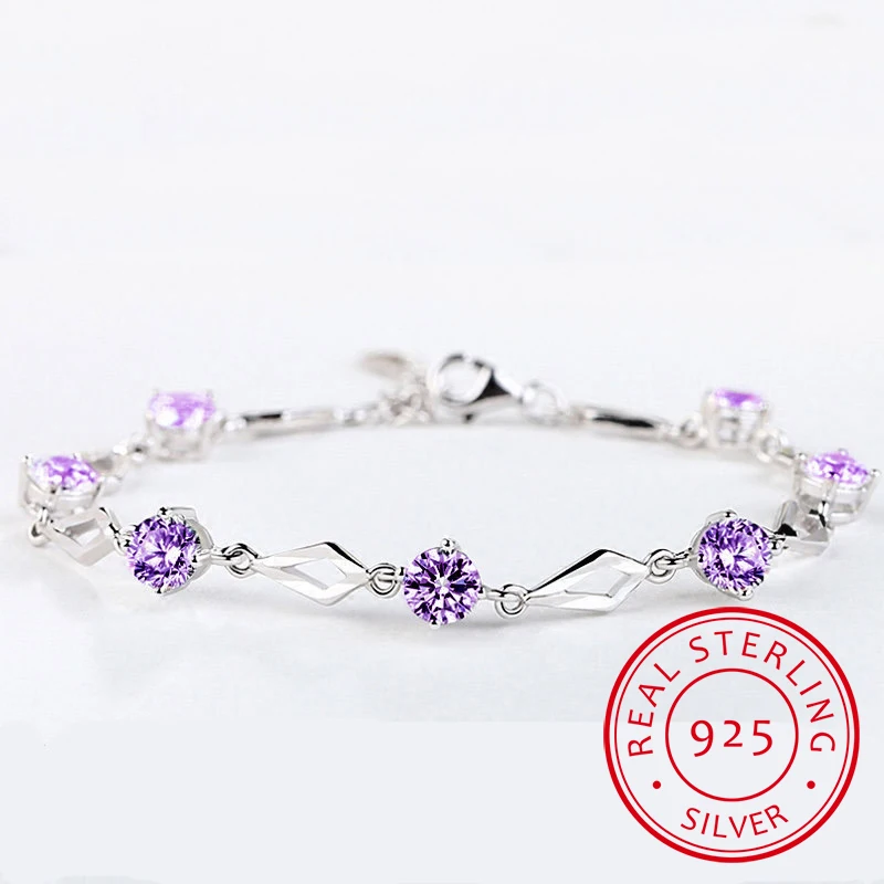 

Elegant Purple CZ Bracelet – Silver Plated with Round & Square Amethyst Zircon, Geometric Link Design, Dainty Jewelry for Women