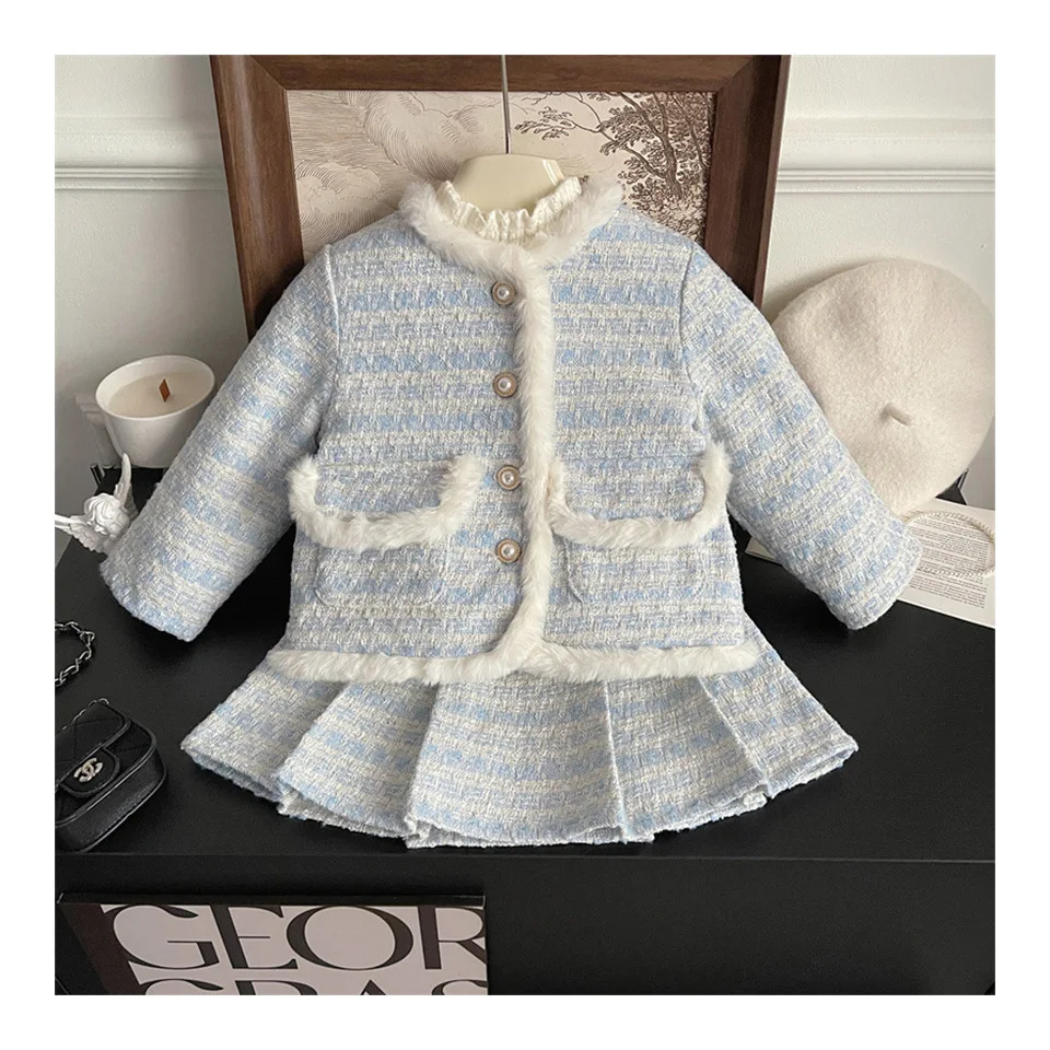 Kinderbekleidungssets Tweed-Duftanzug Fleece-Mantel + Plissierter Rock 2-teiliges Set Baby-Mädchenkleidung Kinderkleidung 2 bis 7 Jahre – Detail 3