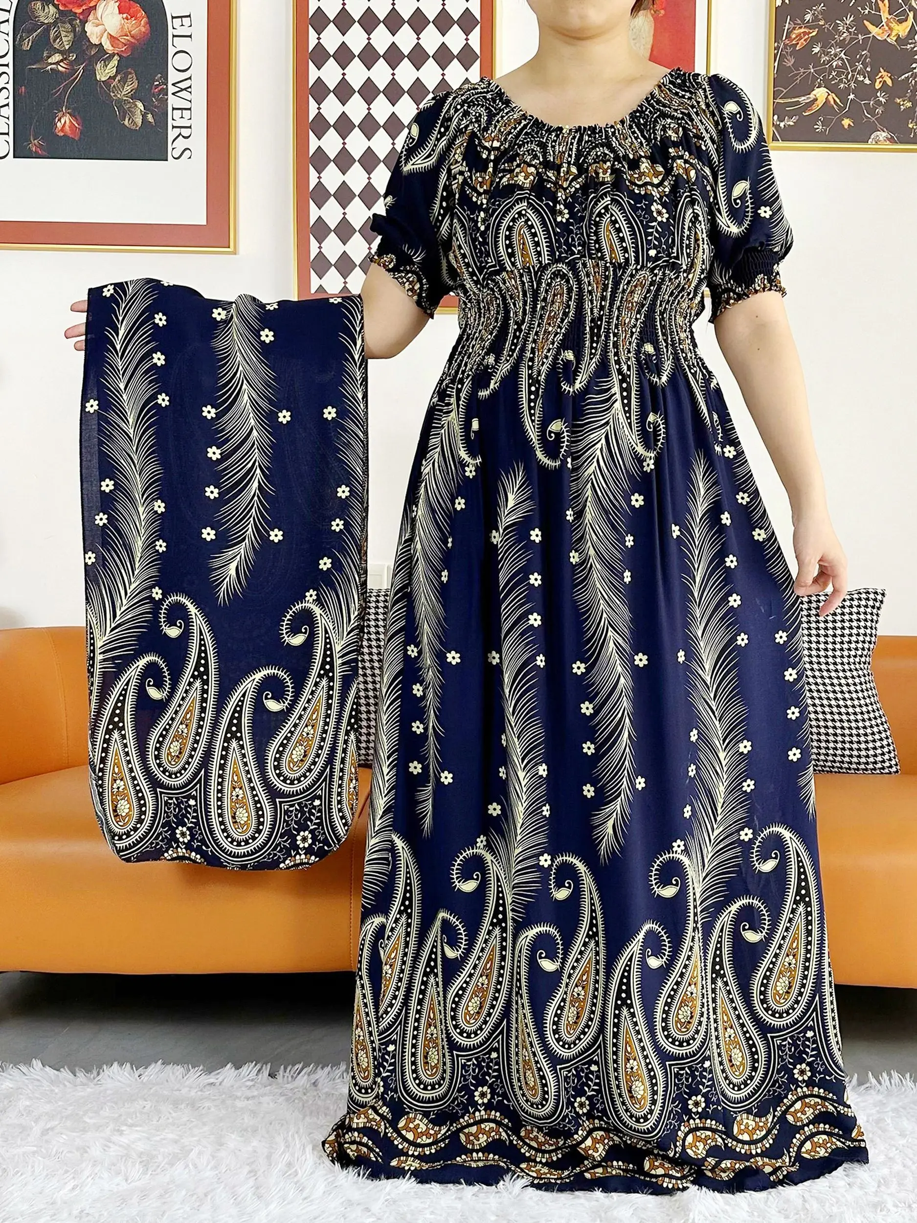 Women Party Dress Muslim Summer Short Sleeve Long Dress Collect Waist Floral Boubou Maxi Islam Women Dress African Abaya Clothes