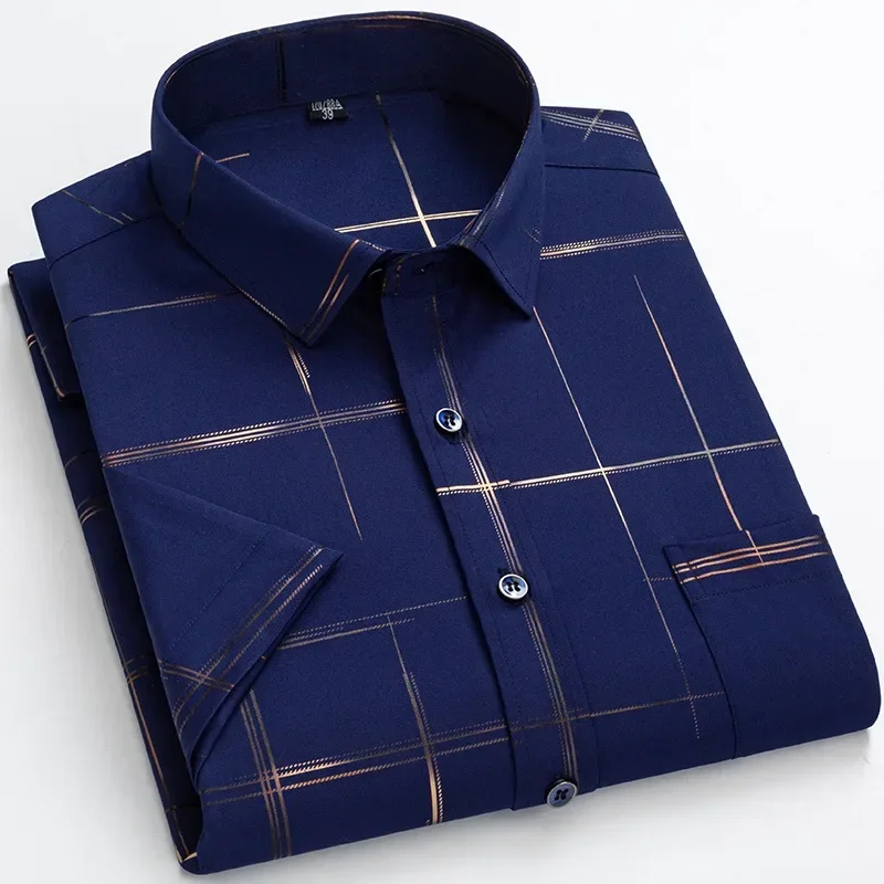 

Half Sleeve Shirt Men Plaid Shirt Bronzing Stretch Anti-wrinkle Casual Male Social Formal Shirts Short Sleeve for Men Clothing