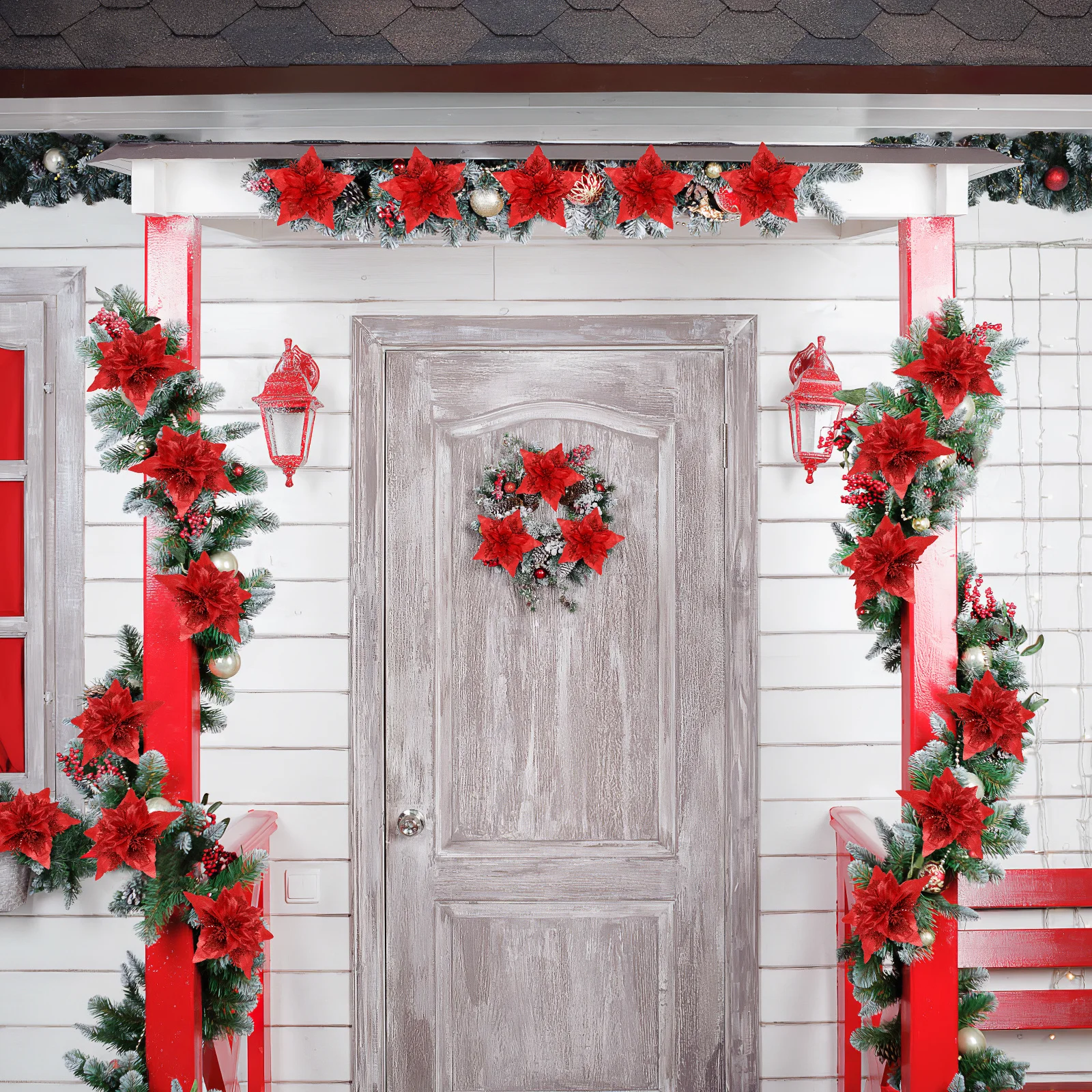 

12Pcs Artificial Flowers Clips Glitter Flower Decorations Christmas Tree Decor Wedding New Year Party Christmas Flowers