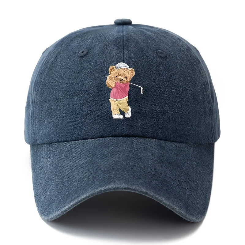 A Unisex Fashionable and Versatile Printed Baseball Cap Featuring a Playful Bear Design. This Classic Vintage-washed Outdoor Lig