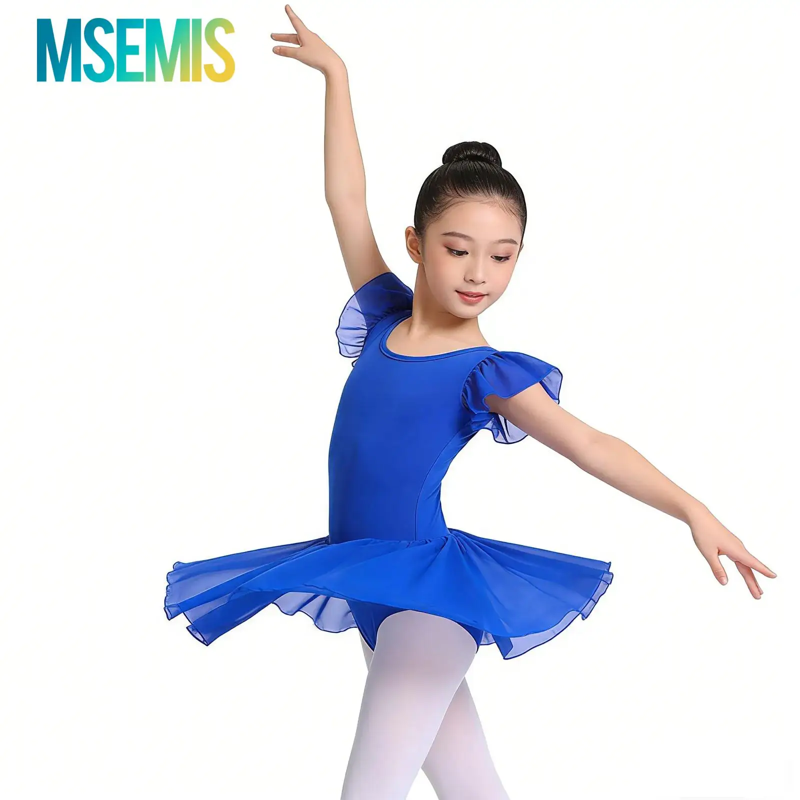 Kids Girls Ruffle Sleeves Cross Back Ballet Leotards Lyrical Dance Dress with Built-in Briefs Dance Practice Performance Costume