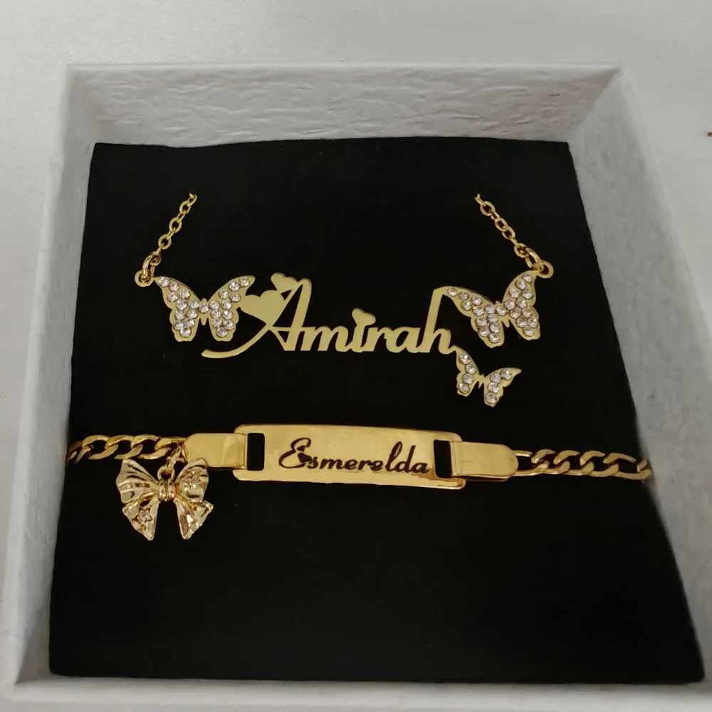 LeeChee-Conjunto de collar de mariposa con nombre personalizado, pulsera grabada, joyería, regalo de fiesta