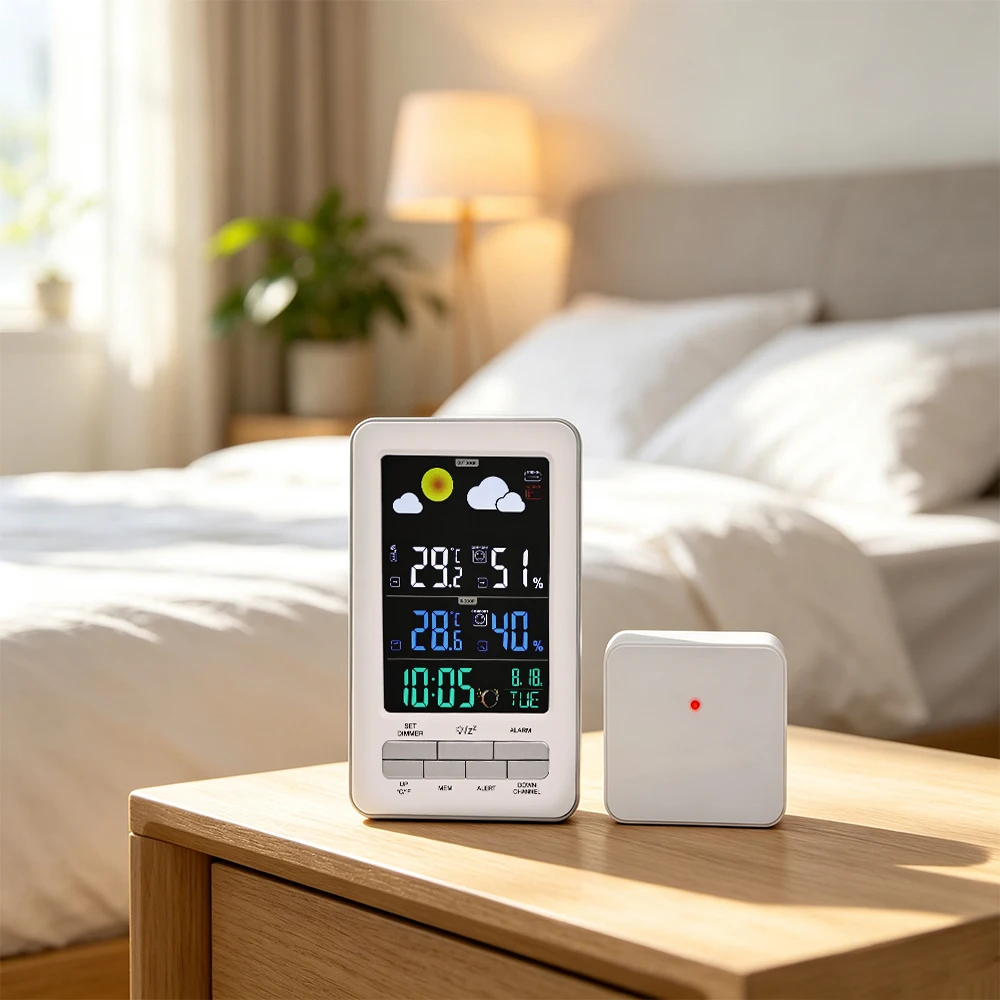 This 1pc multi-functional wireless sensor weather station clock features an indoor/outdoor temperature monitoring system with a