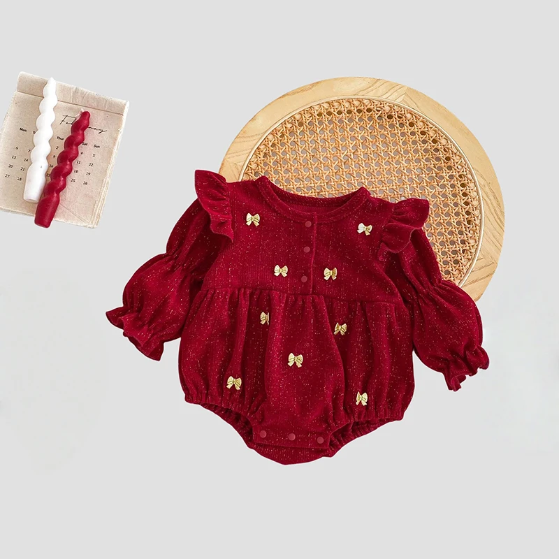 

0-2Y Baby Girls Festive Romper Burgundy Gold Bow Ruffled Sleeve Autumn Birthday Party Clothes