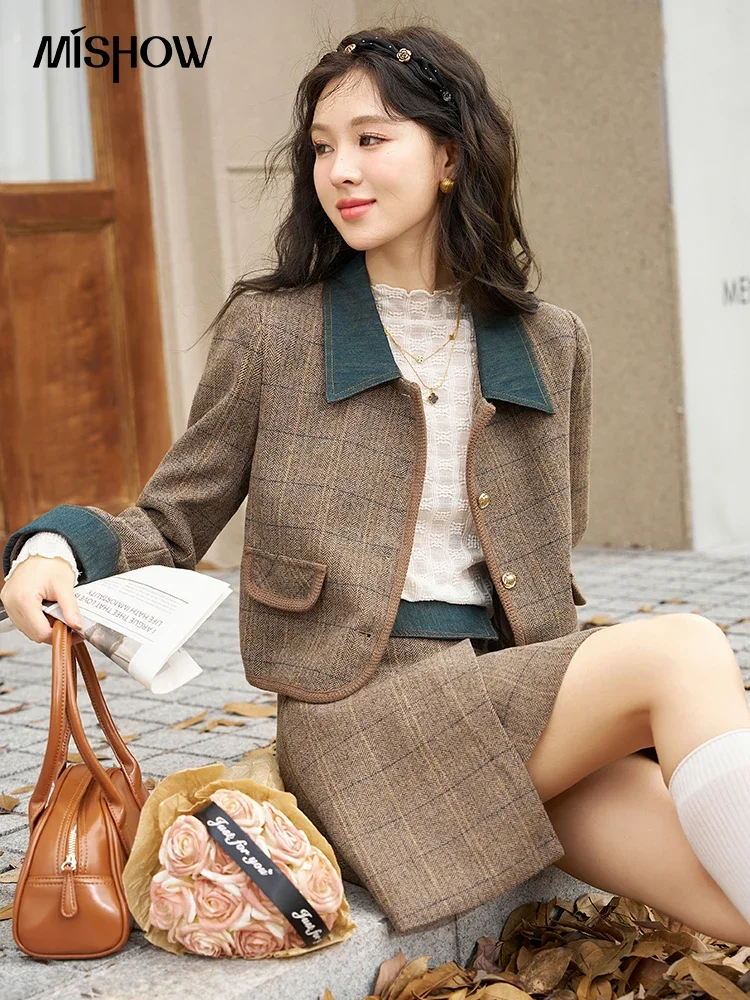 MISHOW Fashion Retro Plaid Suit for Women Autumn Wool Jacket Pleated Skirt Two-piece Sets Separately Office Lady MXC47W0154