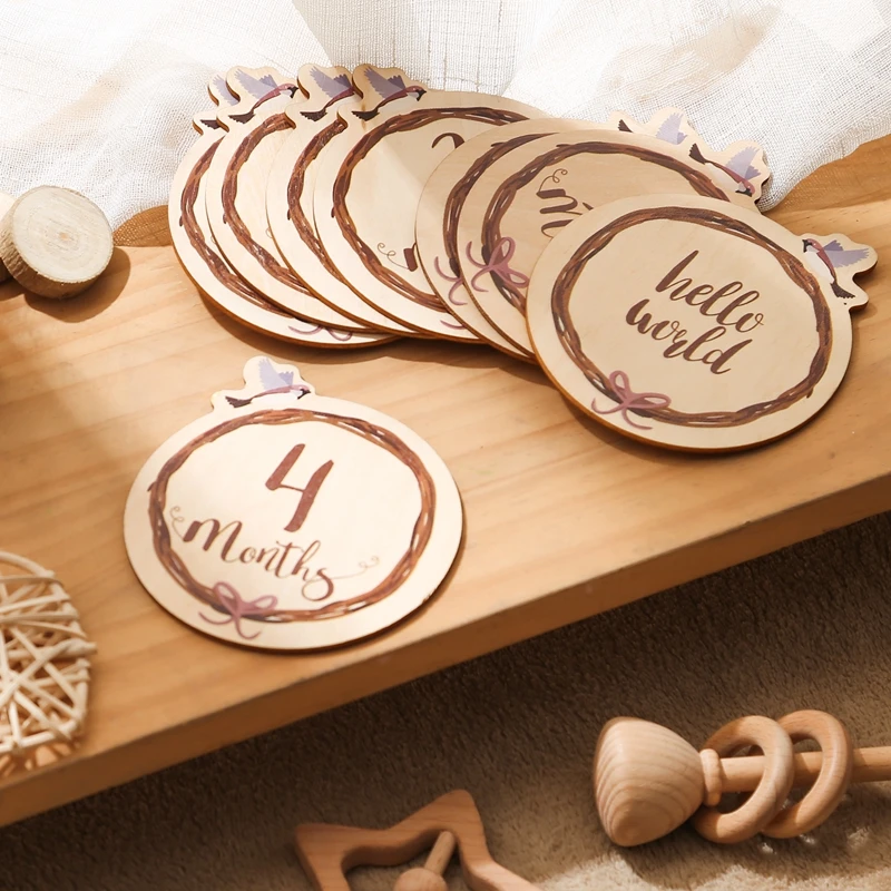 8Pcs/Set Wooden Baby Milestone Cards Round Bird Monthly Memorial Cards Newborn Birthday Photography Props For Baby Birth Gift