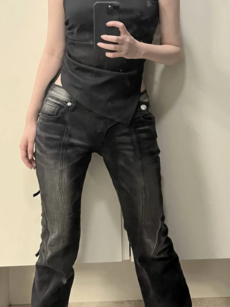 سراويل نسائية عالية الخصر من الجرونج سراويل جينز جديدة من قماش الدنيم سراويل جينز كورية مثيرة عتيقة غير منتظمة Y2k ملابس هاراجوكو الجمالية