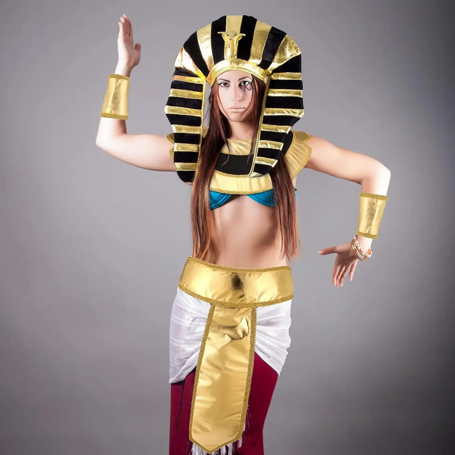 Egyptian Costume Accessory Set Pharaoh Hat Collar Egyptian Belt Cuffs Cobra Head Scepter for Men Halloween King Tut Cosplay