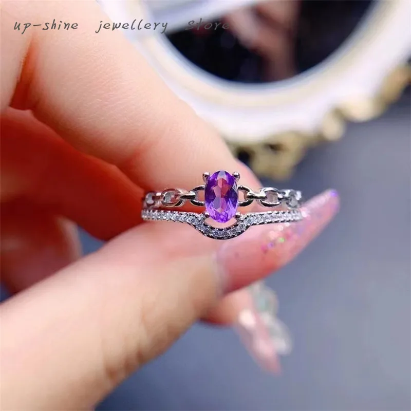 

New 925 silver inlaid natural amethyst ring, women's jewelry, simple atmosphere, wedding accessories