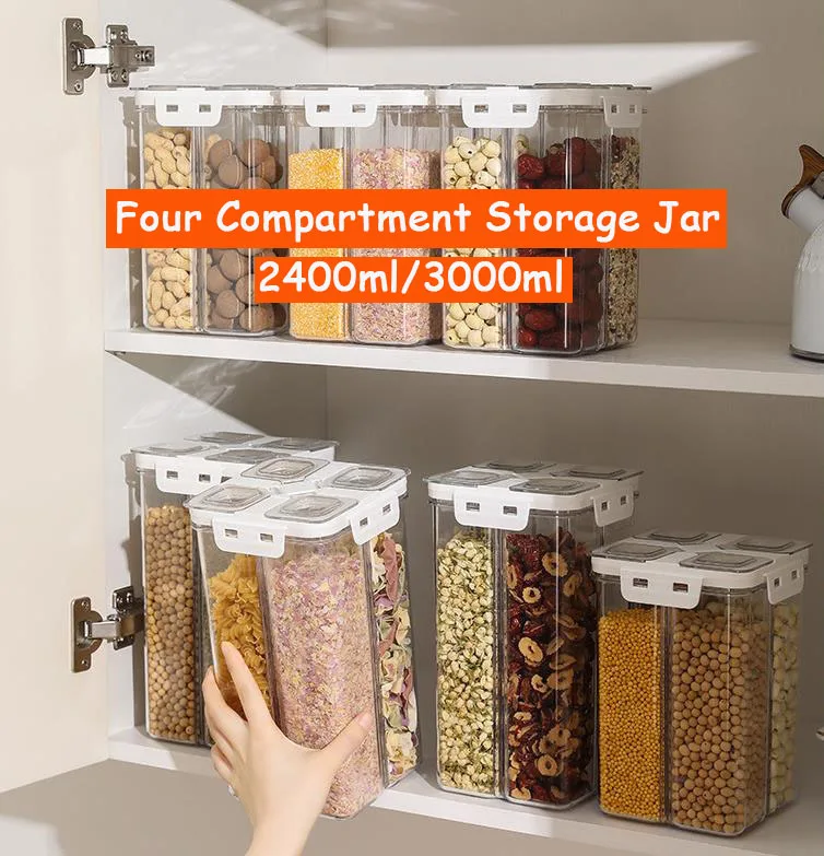 

Cereal Food Plastic Dispenser Jar, 4 Compartment Sealed Food Organiser, Nut Snacks Sealed Box, Kitchen Supplies Storage Boxes