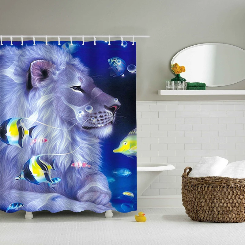 New Cute Blue Lion Printed Shower Curtains Frabic Waterproof Polyester Shower Curtain Cute Lion Bathroom Curtain 10 with Hooks