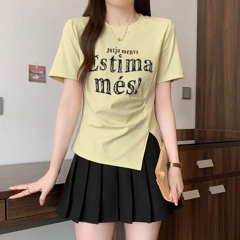 Korean Basic Letter Printed Pullovers Women's Clothing Fashion Folds Irregular Summer Short Sleeve Casual Asymmetrical T-shirts