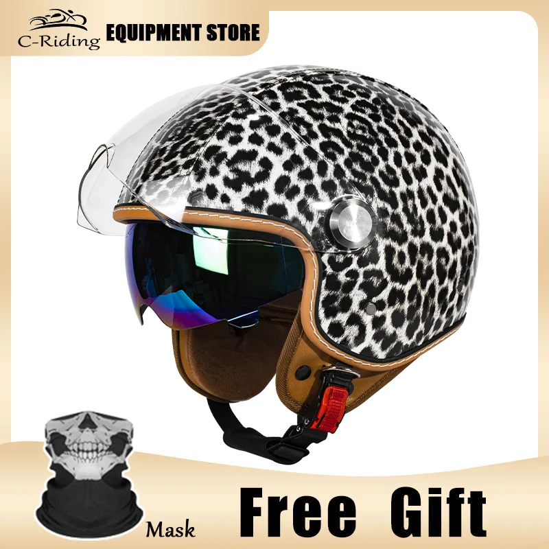 

Female Specific White Leopard Print 3/4 Open Face Motorcycle Helmet with Double Lens Lightweight and Stylish for Woman Riders