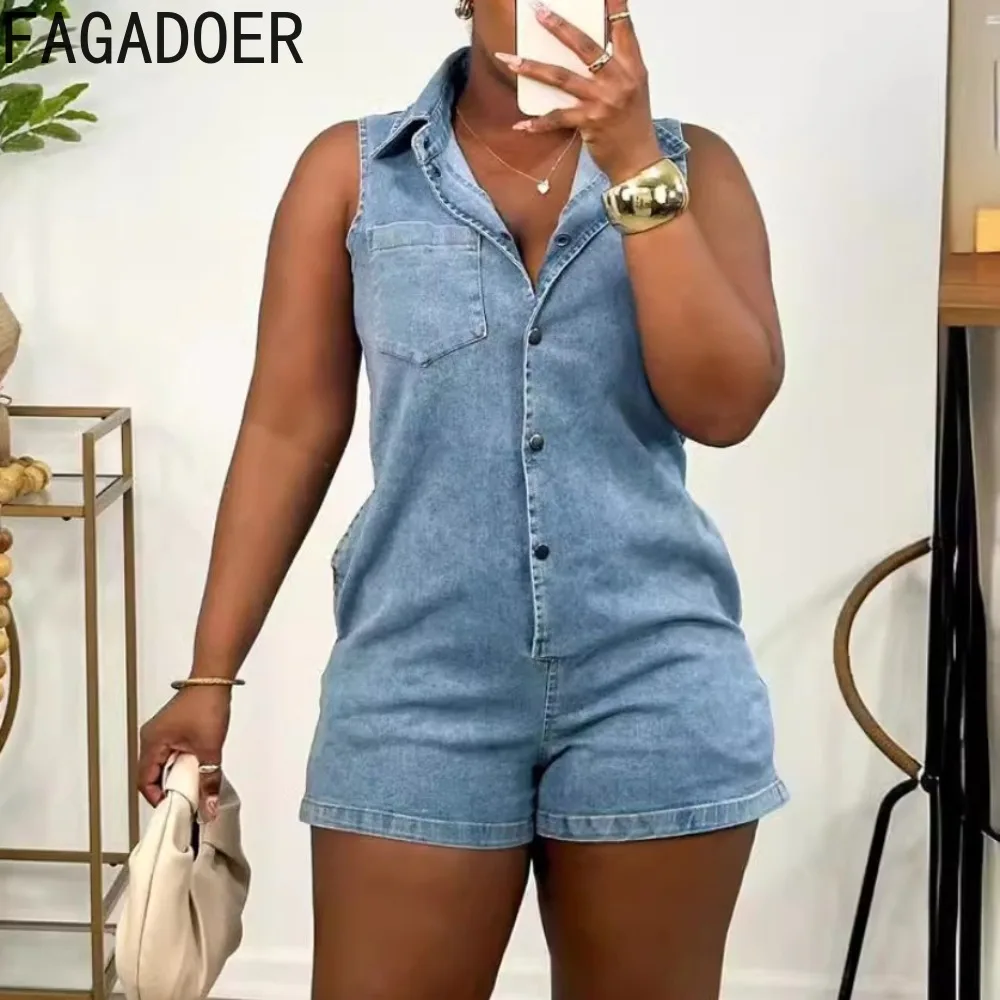 

FAGADOER Blue Fashion Denim Button Slim One Pieces Rompers Women Turndown Collar Pocket Jean Jumpsuits Female Cowboy Overalls