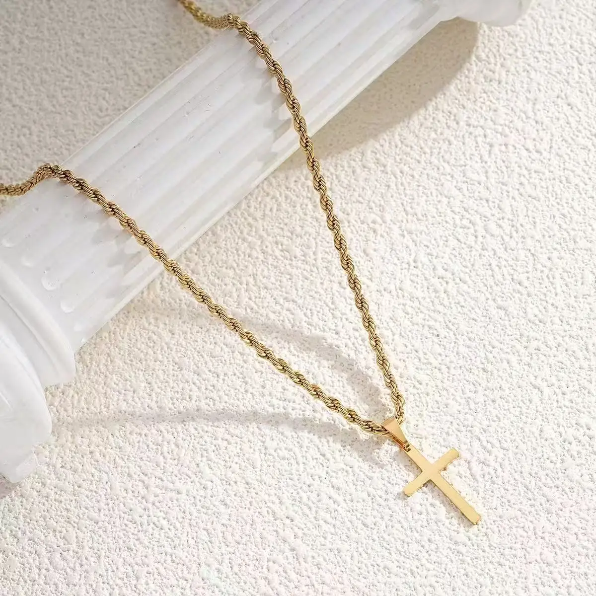 Fashion Minimalist Semi Precious Stone Cross Fried Dough Twists Chain Gold Cross Necklace Pendant For Men And Women, Suitable Fo