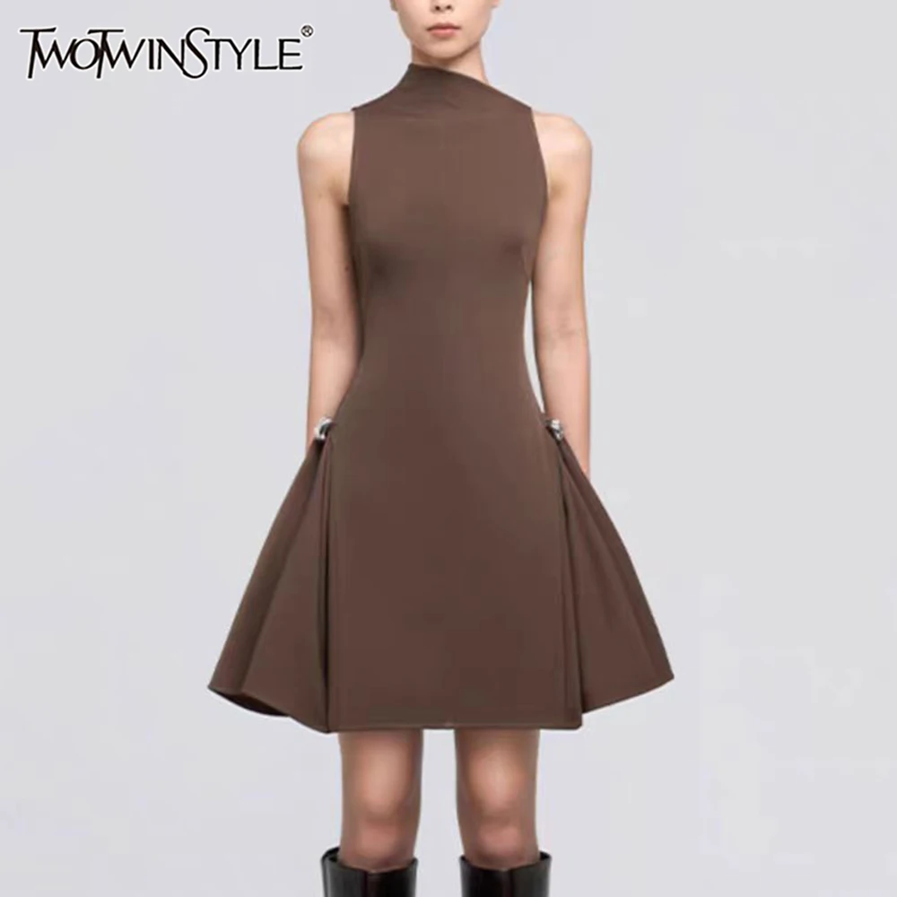 TWOTWINSTYLE Patchwork Folds Dresses For Women Diagonal Collar Sleeveless High Waist Temperament Solid Mini Dress Female Style