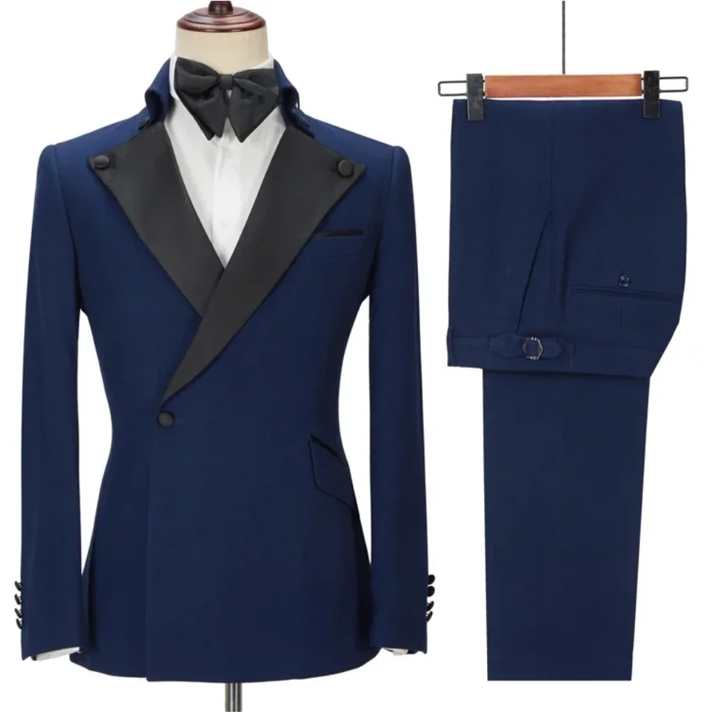 

Business Men's Suit 2 Pieces Double Breasted Black Peaked Lapel Male Clothes Wedding Groom Party Blazers Jacket Pants