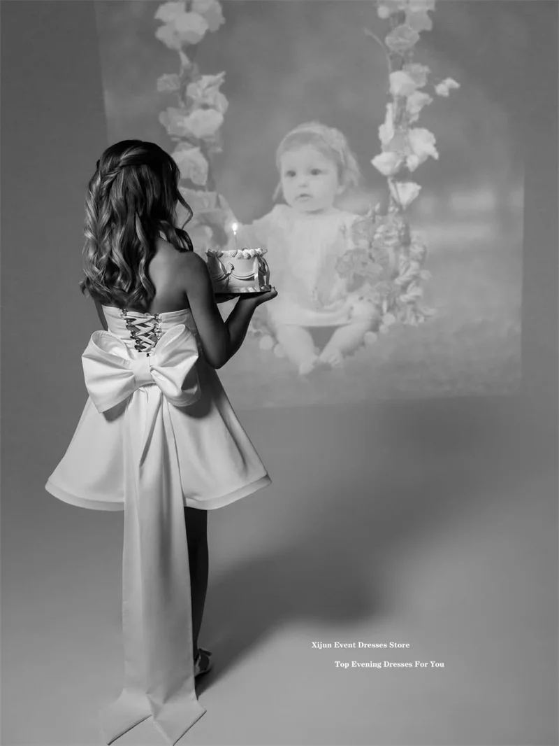 Xijun Elegant Ivory Flower Girl Dresses Bow Back Girls Wedding Party Dresses Corset A-Line Birthday Dresses For Kids Customized