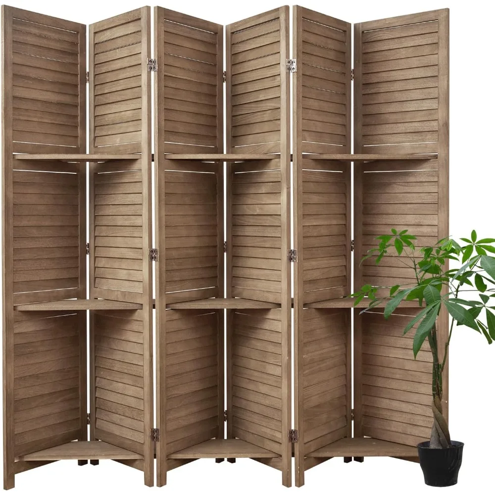 Room Dividers, Folding Wood Privacy Screen with Three Display Shelves Suitable for Home Office, Study, Art Display - 6 Pane