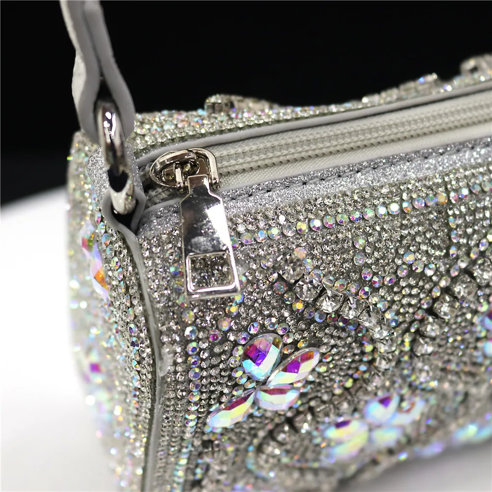 Small Capacity Zip Crossbody Bag New Fashion Simple Double-Sided Rhinestone Crystal Design Monochrome Camera Handbag