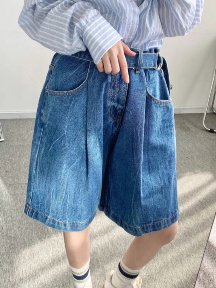 

Straight Denim Shorts For Women Streetwear Pocket Wide Leg Belt Short Jean Pants 2023 Spring Summer New High Waist Jeans M771