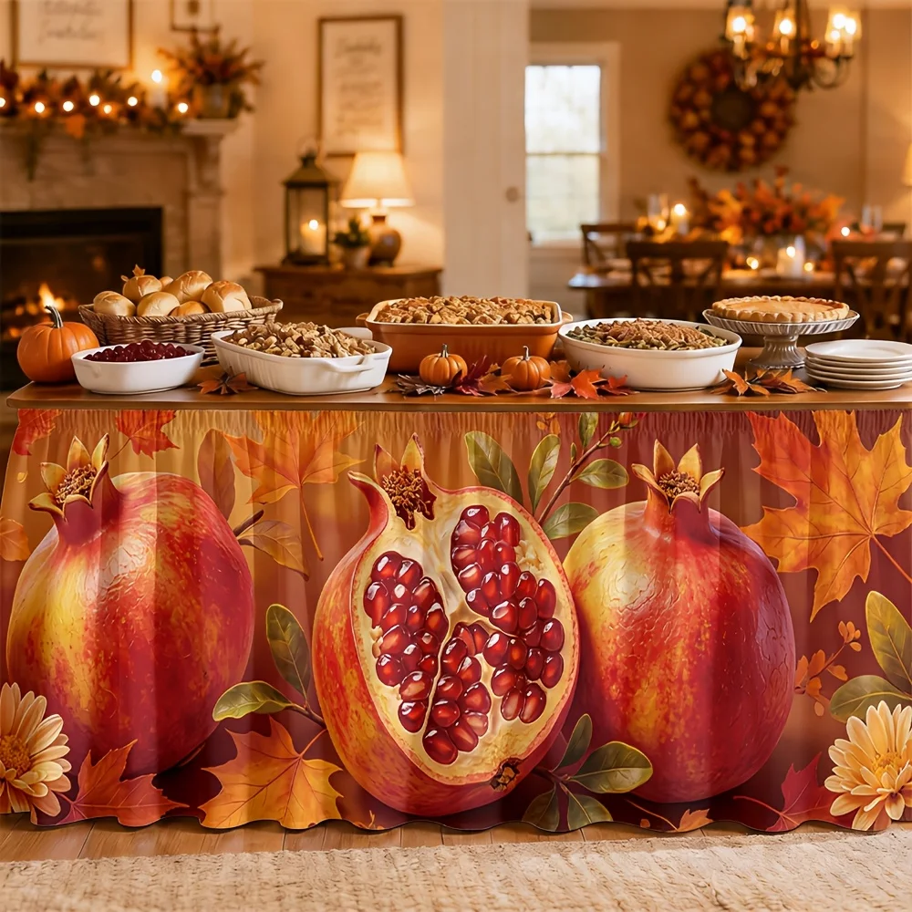 Autumn harvest, red wine, black pomegranate, golden maple leaves, banquet, autumn Thanksgiving Day, tablecloth for the table