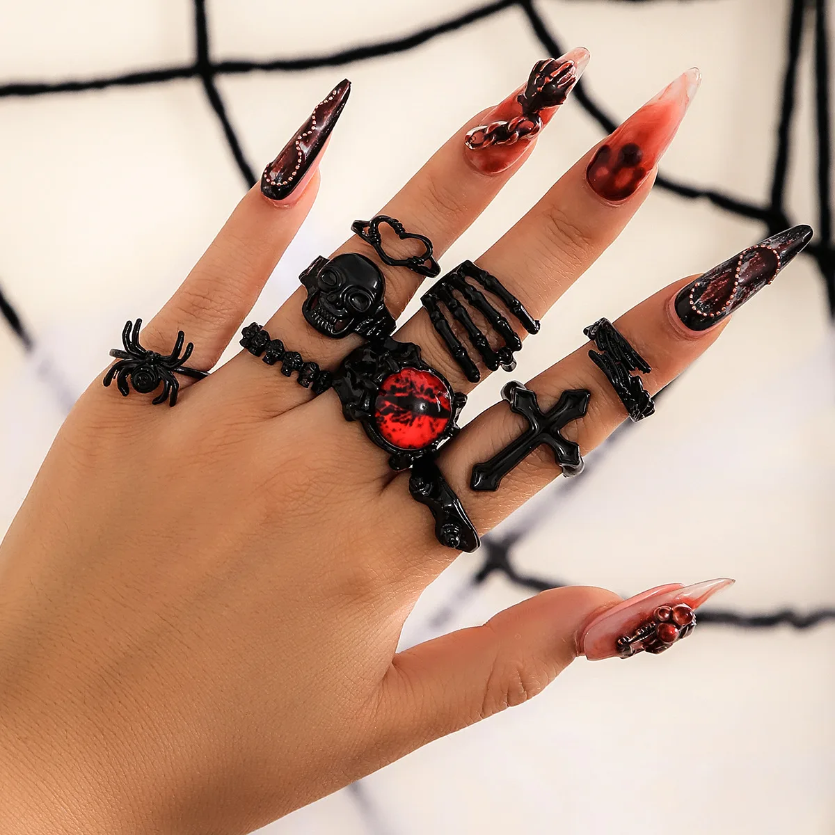 

Dark punk, cross bat spider 9-piece carved ring set