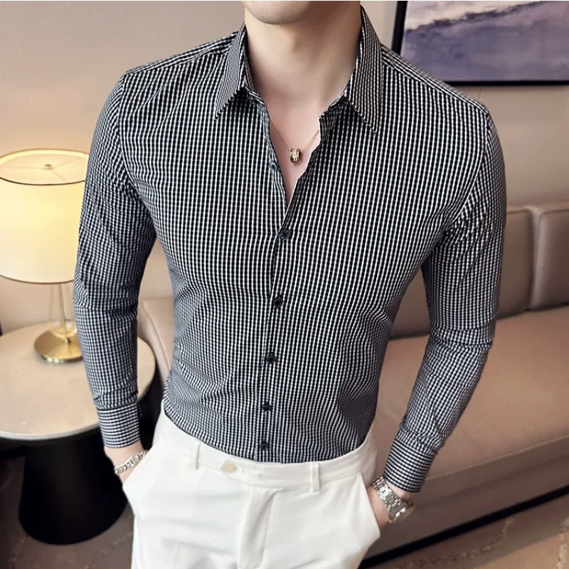 

Черно-белая клетчатая рубашка, осень 2024, новая мужская деловая рубашка с длинным рукавом, приталенная повседневная рубашка Homme, социальная официальная одежда, блузки 4XL-M