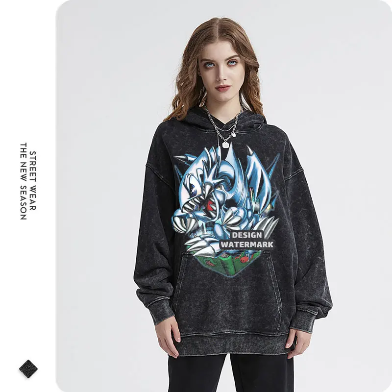 Yu Gi Oh sudaderas con capucha ojos azules estampado de dragón Vintage lavado sudaderas con capucha jersey de gran tamaño Manga Anime Sudadera con capucha hombres algodón