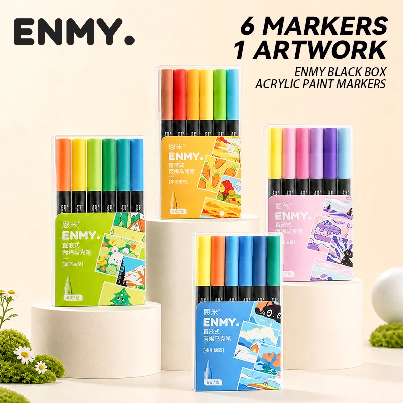 ENMY Acrylic Marker Pen 6pcs Direct Liquid Acrylic Paint Markers Pens Fabric Maca Canvas Rock Glass Wood Paper DIY Art Markers