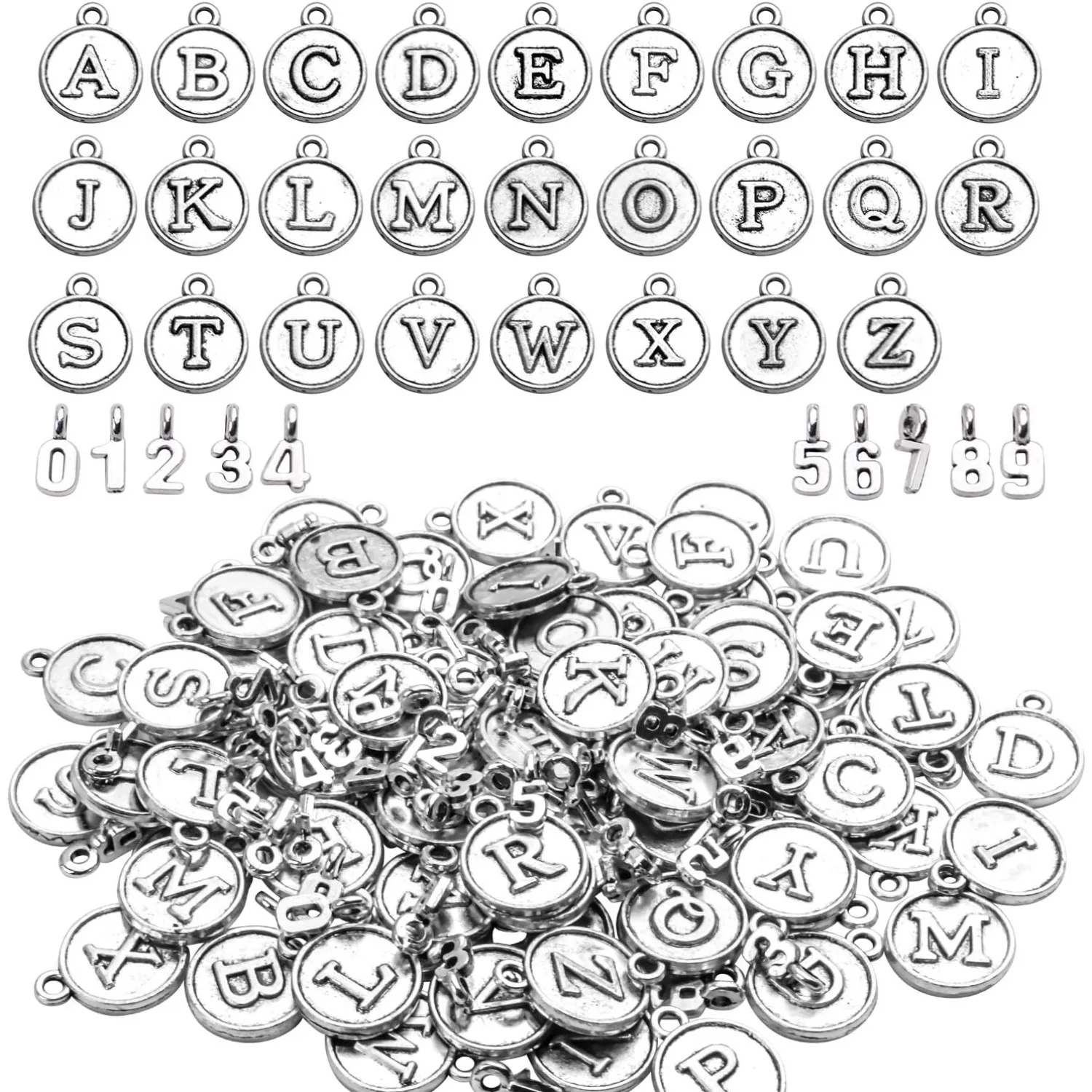 

128pcs Antique Silver Alphabet & Number Charms - Round Letter A-Z & Numbers 0-9 Pendants - Mixed Alloy Charms for DIY Necklace